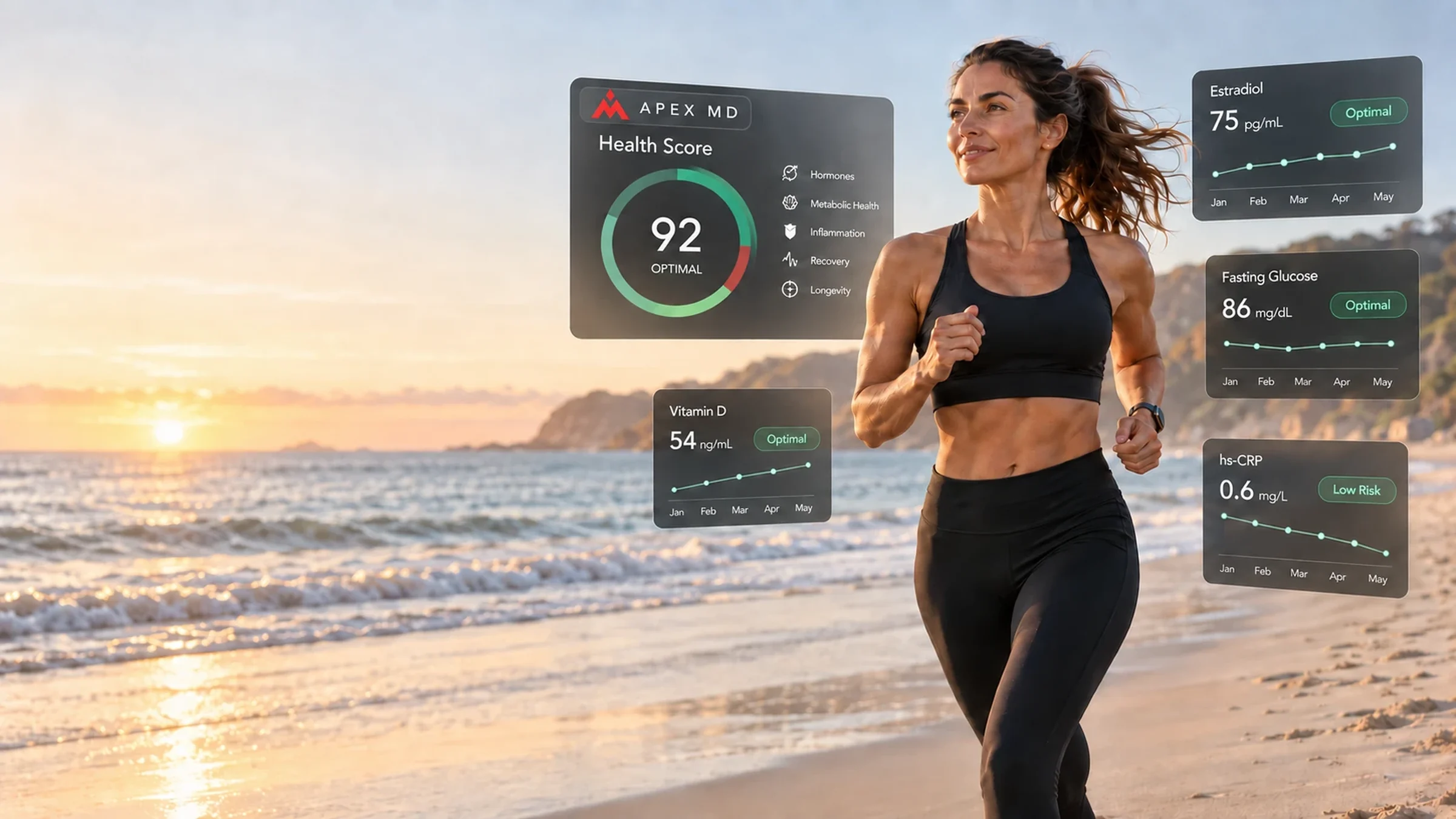 An Apex MD member running at sunrise, with her health score and
            biomarker trends alongside her