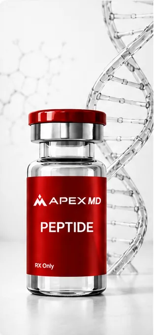 Apex MD peptide vial beside a DNA helix