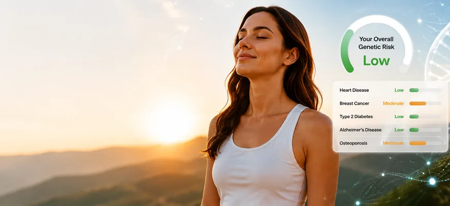 Woman at sunrise with a heart and DNA overlay