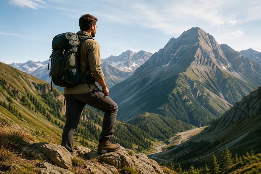 Hiker looking out over a mountain range