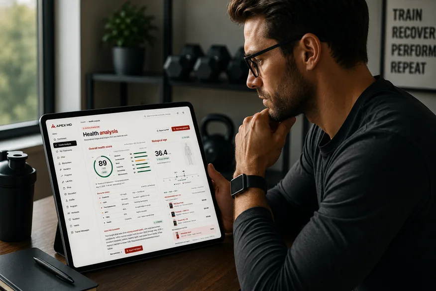 Member reviewing his Apex MD health analysis on a tablet