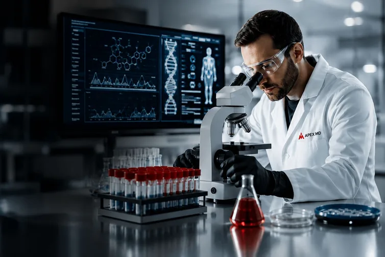 Apex MD lab scientist analysing samples under a microscope
