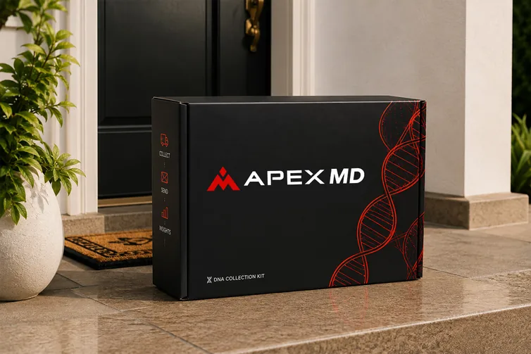 Apex MD DNA collection kit box on a front doorstep