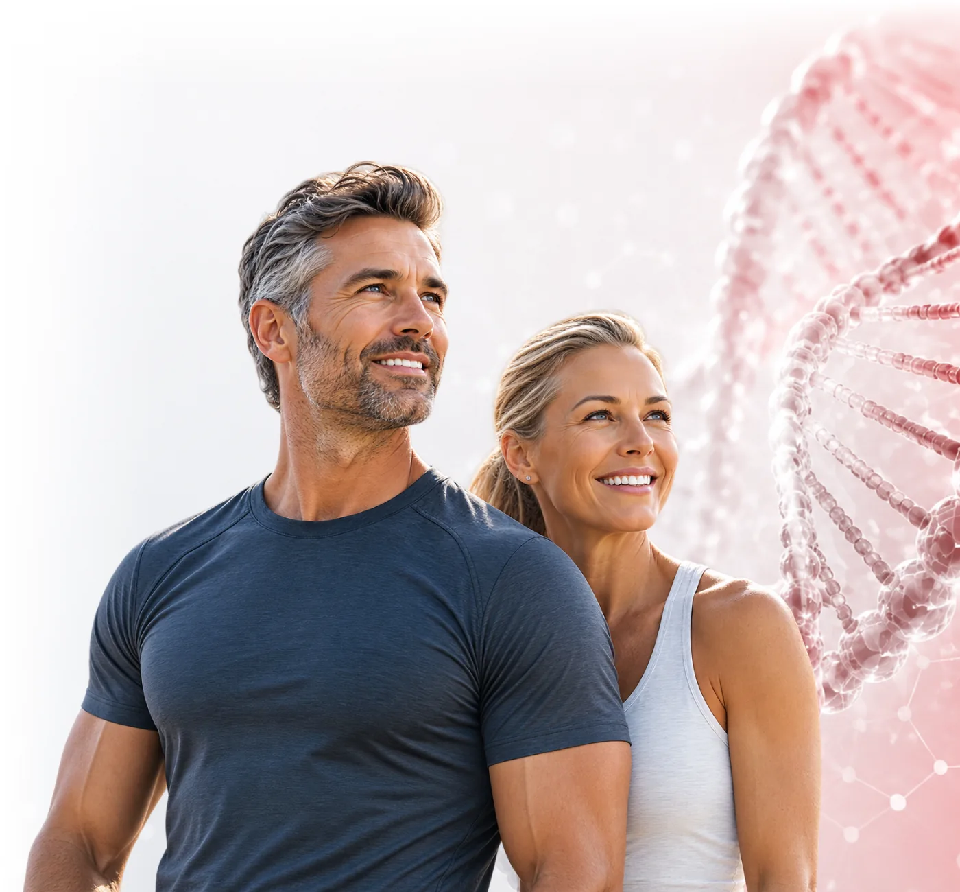 Two Apex MD members with a DNA helix behind them