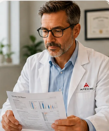Apex MD physician reviewing a genetic test report
