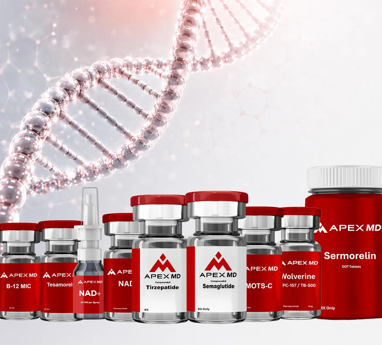 Apex MD peptide vials in front of a DNA helix