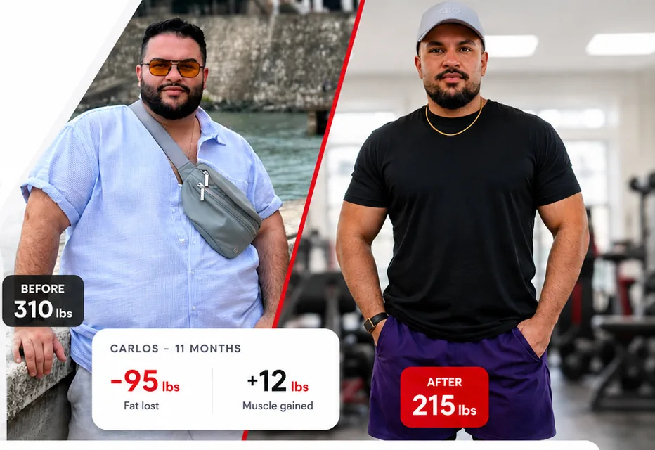Carlos before and after — 95 lbs of fat lost, 12 lbs of muscle gained over 11 months