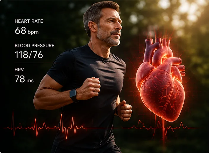 Blood pressure and heart-rate variability readings beside an illustration of a heart