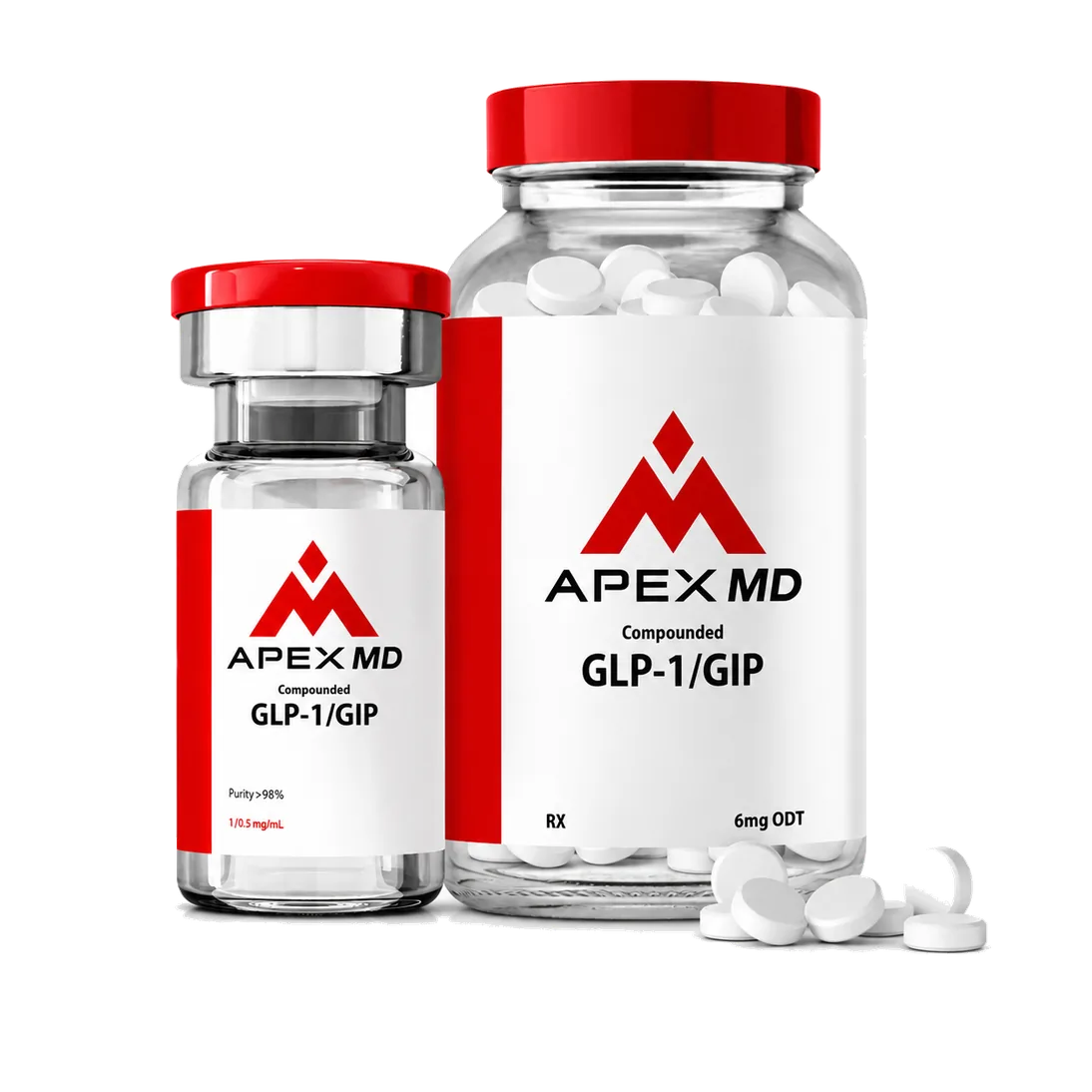 Apex MD compounded GLP-1/GIP vial and oral tablets