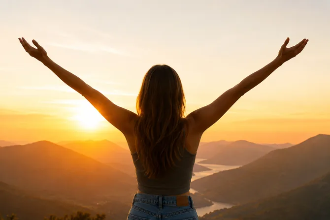 Woman celebrating at sunrise