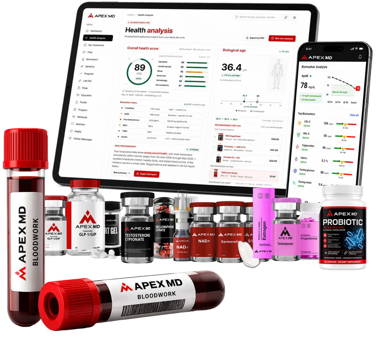 Apex MD Health Analysis dashboard on tablet and phone with blood work vials and product line: health score, biological age, biomarkers, and recommendations