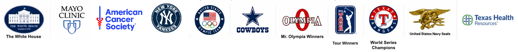 The White House, Mayo Clinic, New York Yankees, US Olympic Team, Dallas Cowboys, Olympia, PGA Tour, Texas Rangers, US Navy Seals, Texas Health Resources