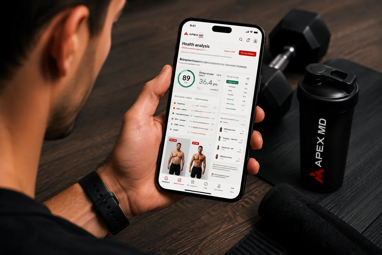 Apex Fit app on a phone beside a dumbbell and shaker