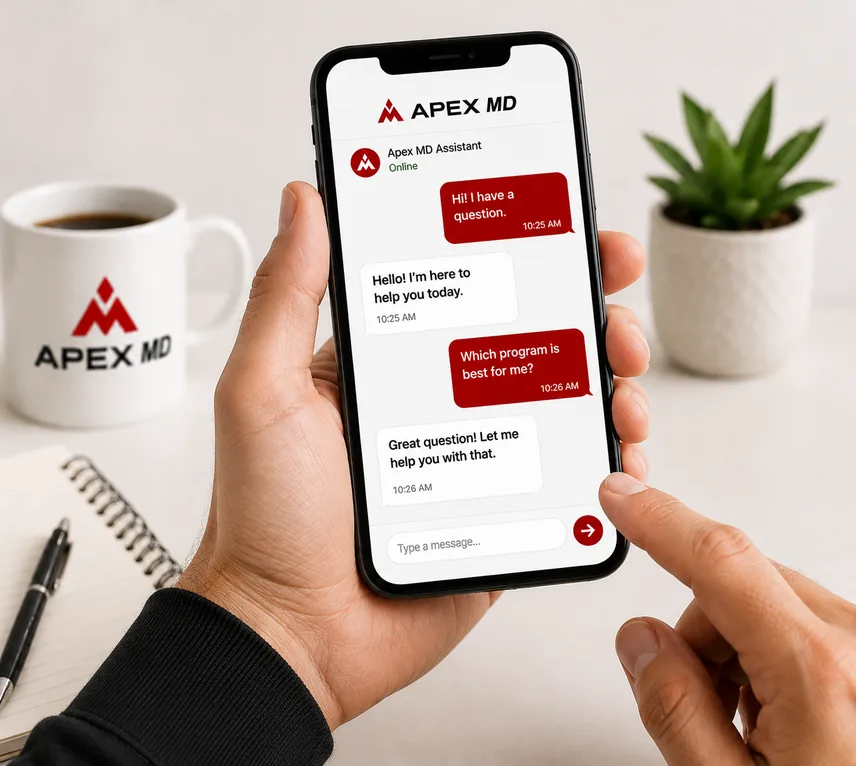 Apex MD assistant chat on a phone