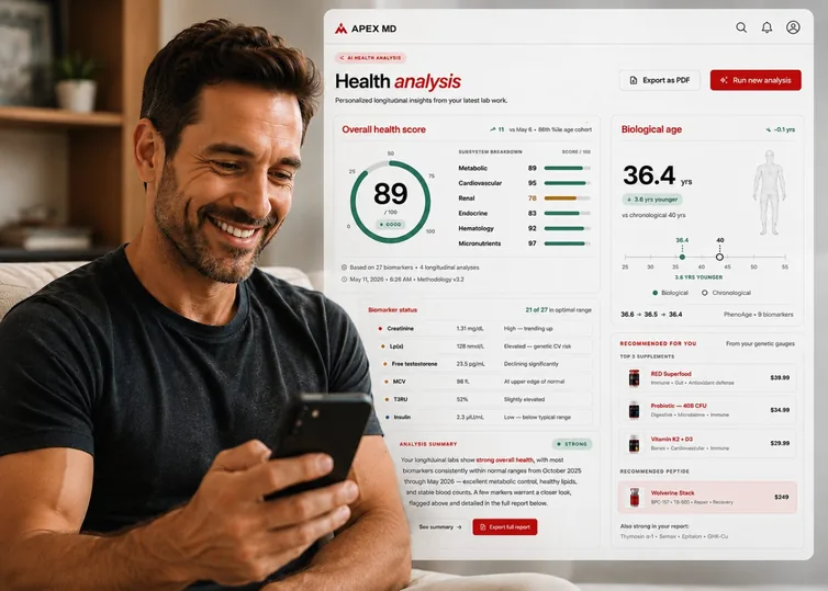 Man reviewing his Apex MD health analysis dashboard on his phone