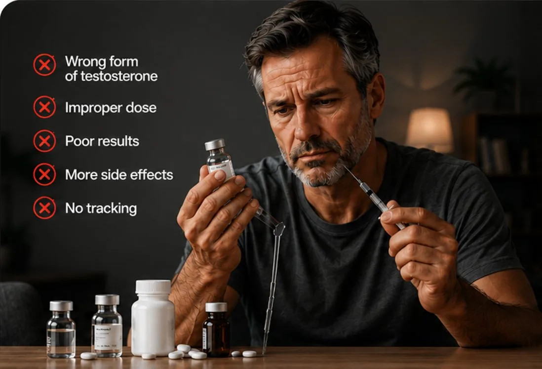 Man at home guessing at his own testosterone dose from unlabeled vials