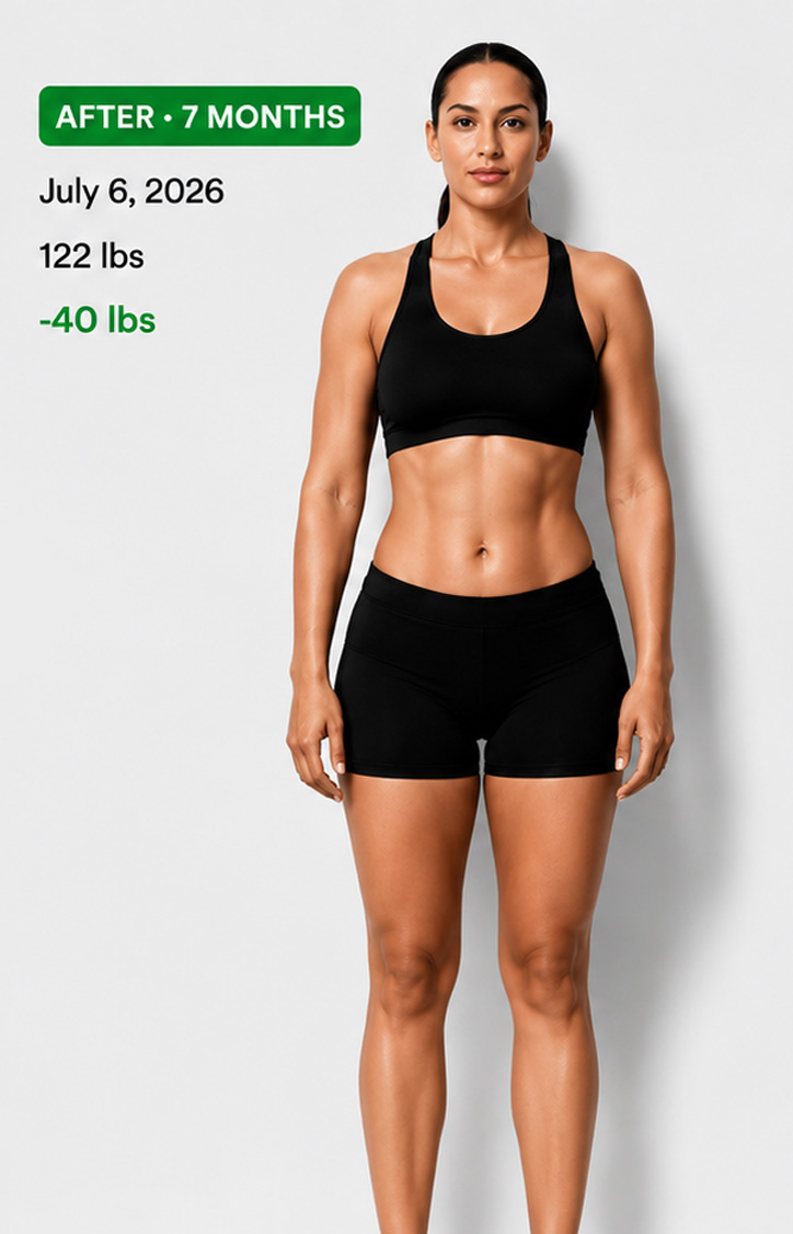 After 7 months — July 6, 2026, 122 lbs, minus 40 lbs