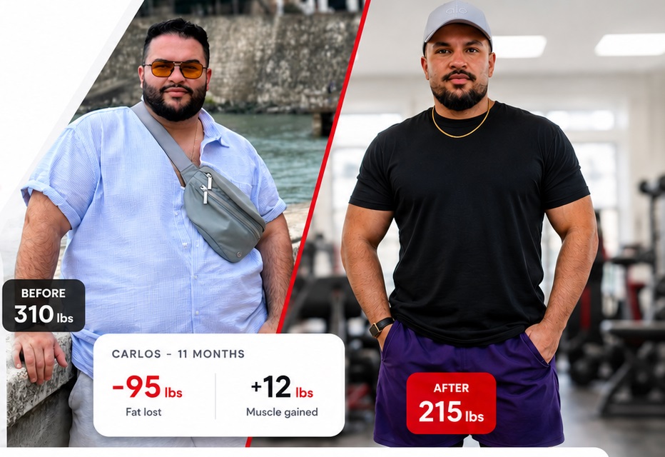 Carlos before and after — 95 lbs of fat lost, 12 lbs of muscle gained over 11 months
