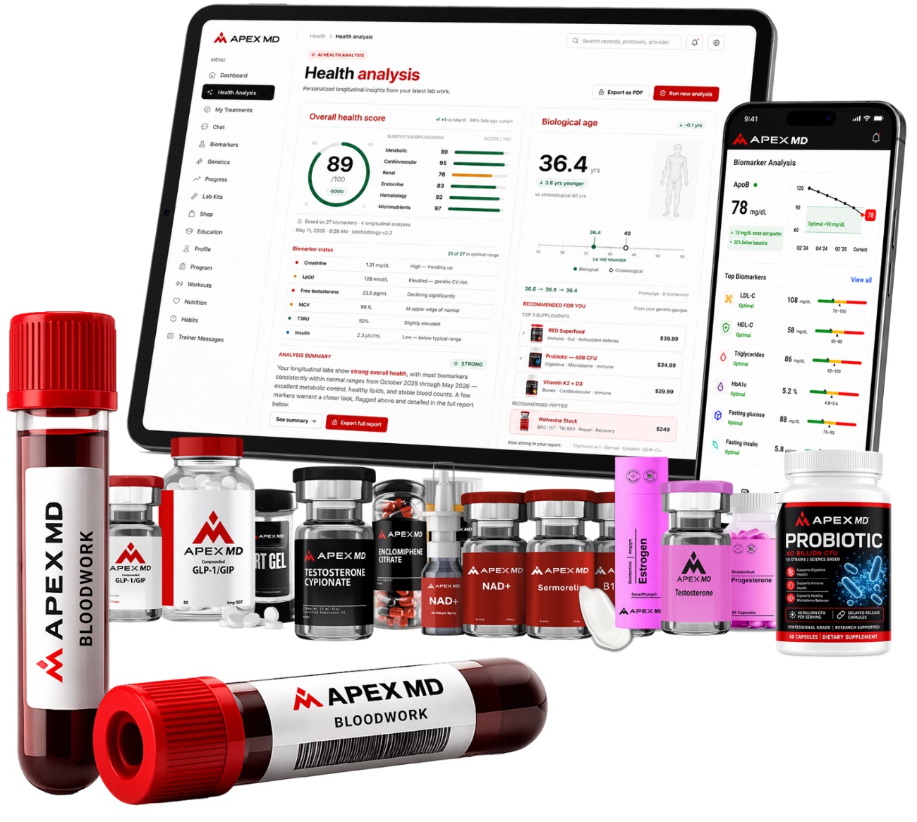Apex MD Health Analysis dashboard on tablet and phone with blood work vials and product line: health score, biological age, biomarkers, and recommendations