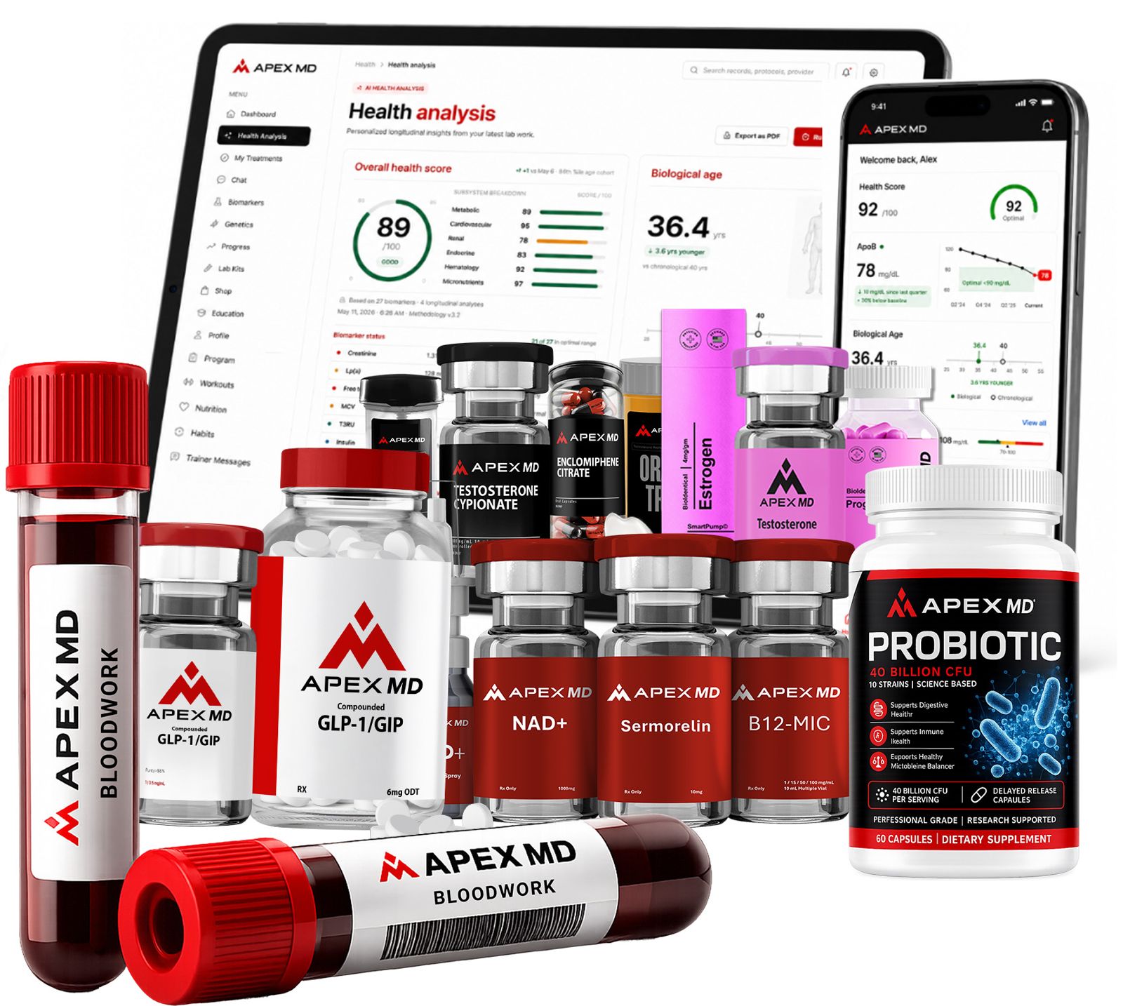 Apex MD Health Analysis dashboard on tablet and phone with blood work vials and product line: health score, biological age, biomarkers, and recommendations