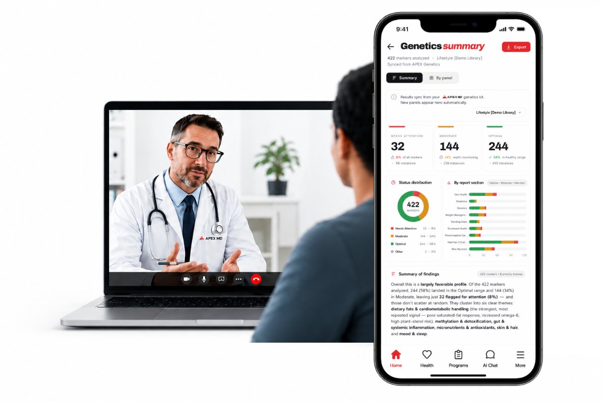 Video visit with an Apex MD physician, with a genetics summary in the Apex MD app