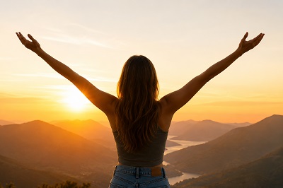Woman celebrating at sunrise