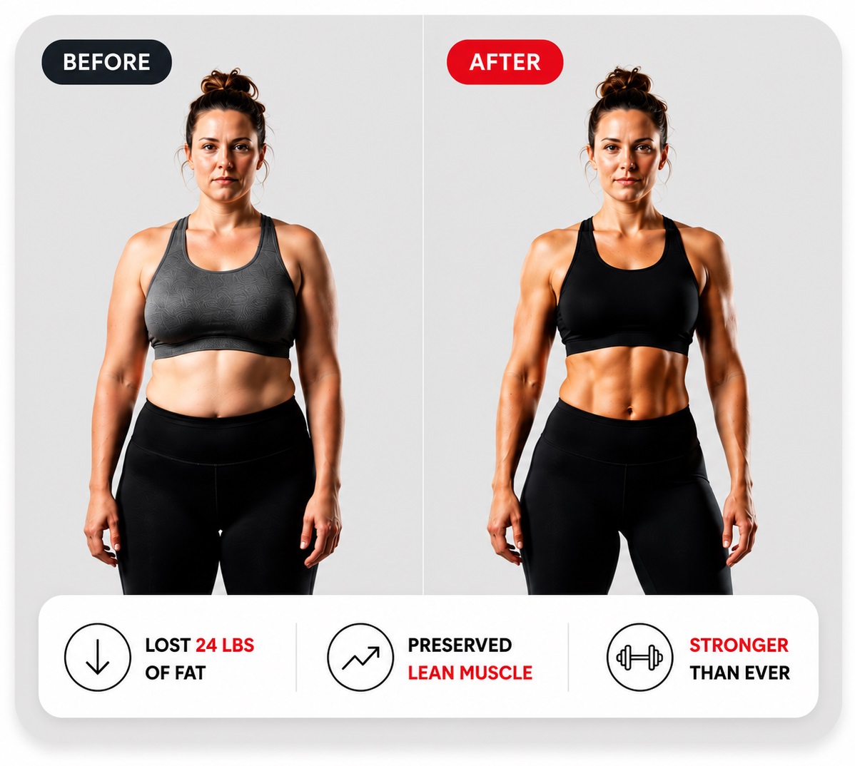 Before and after — lost 24 lbs of fat, gained 3 lbs of muscle, stronger than ever