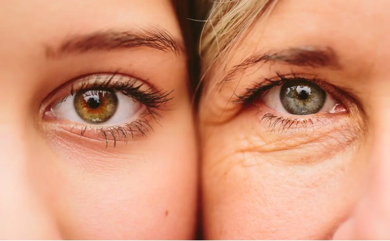 Close-up of a younger and older eye showing biological aging