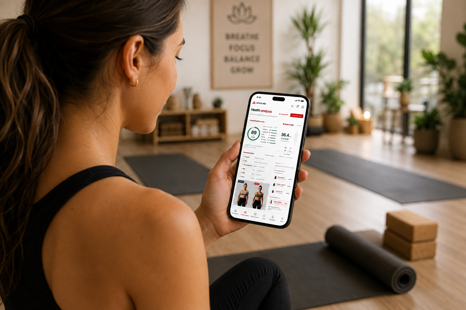 Apex MD health analysis on a phone in a yoga studio