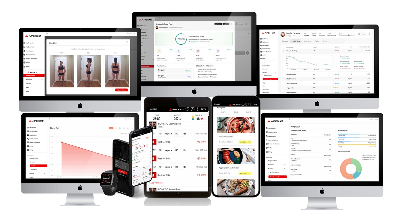 The Apex MD tracking platform across desktop, tablet, and mobile, with the at-home blood collection kit