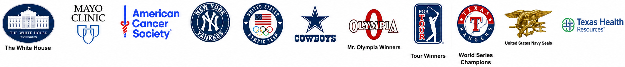 The White House, Mayo Clinic, American Cancer Society, New York Yankees, United States Olympic Team, Dallas Cowboys, Mr. Olympia winners, PGA Tour winners, Texas Rangers, United States Navy SEALs, Texas Health Resources