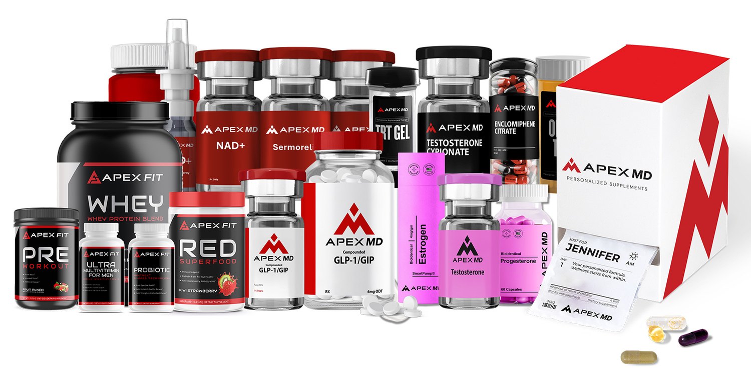 Apex MD and Apex Fit product line — peptides, supplements, vitamins, and hormone therapies