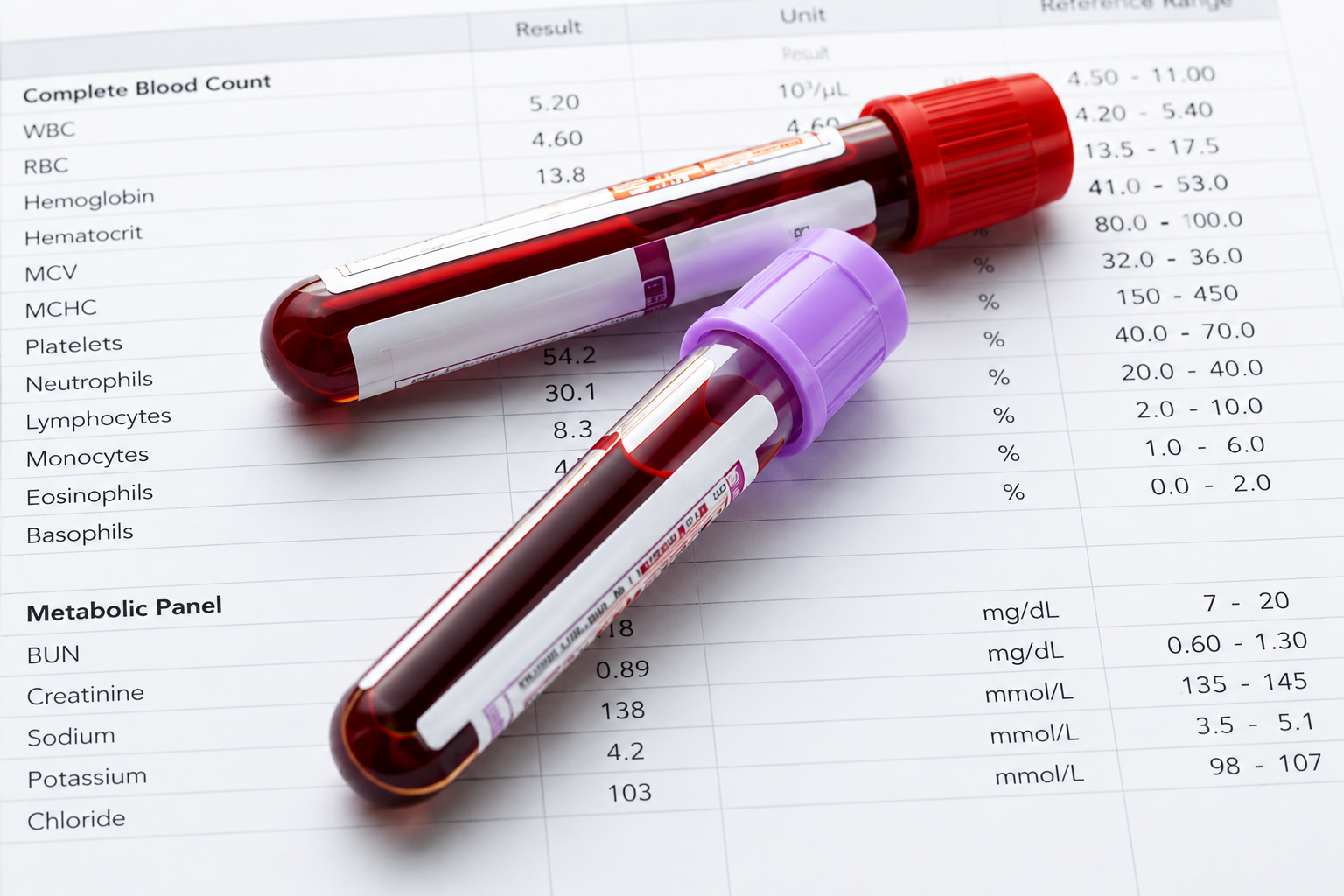 Blood panel results with sample tubes
