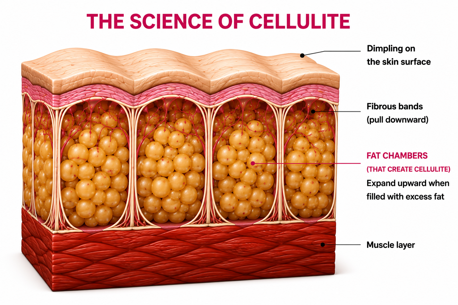 The science of cellulite — fat chambers, fibrous bands and the muscle layer beneath the skin