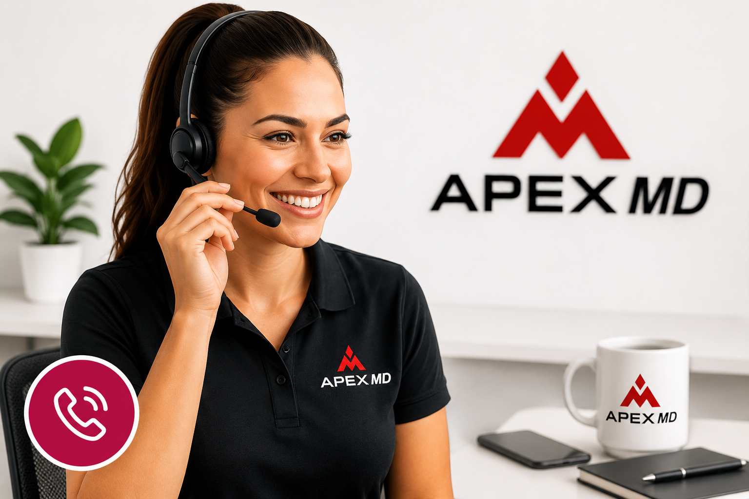 Apex MD team member on a headset